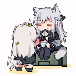 Rule 34 | 2girls, afterimage, ak-12 (girls&#039; frontline), an-94 (girls&#039; frontline), animal ears, bowl, braid, chibi, closed eyes, closed mouth, dog ears, dog girl, dog tail, food, french braid, frisbee, girls&#039; frontline, headpat, highres, long hair, long sleeves, multiple girls, pants, simple background, sitting, smile, standing, tail, tail wagging, white background, yuutama2804