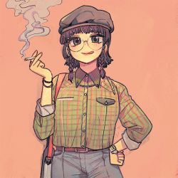 Rule 34 | 1girl, bag, belt, black eyes, black hair, blouse, bracelet, braid, breast pocket, cigarette, collared shirt, cowboy shot, glasses, green shirt, hand on own hip, hat, jewelry, long sleeves, looking at viewer, monamin, original, pink background, plaid, plaid shirt, pocket, ring, round eyewear, shirt, shirt tucked in, short hair, shoulder bag, simple background, sleeves rolled up, smile, smoke, solo, tongue, tongue out, twin braids, watch, wristwatch