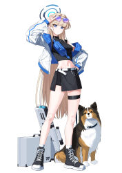 Rule 34 | 1girl, absurdres, alfie (tmdals7645), animal, black footwear, black shirt, black skirt, blonde hair, blue archive, blue eyes, blue hair, blue halo, boots, breasts, closed mouth, dog, eyewear on head, full body, halo, highres, jacket, long hair, long sleeves, looking at viewer, medium breasts, multicolored hair, open clothes, open jacket, shirt, simple background, skirt, sleeveless, sleeveless shirt, socks, solo, streaked hair, sunglasses, thigh strap, toki (blue archive), v, white background, white jacket, white socks