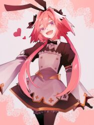 Rule 34 | 1boy, animal ears, astolfo (fate), astolfo (saber) (fate), astolfo (saber) (third ascension) (fate), black bow, black bowtie, black gloves, black thighhighs, bow, bowtie, cowboy shot, detached sleeves, dress, fake animal ears, fang, fate/grand order, fate (series), gloves, gold trim, hair between eyes, hair bow, hair intakes, heart, highres, kagami (yui1995), light blush, long hair, low twintails, male focus, multicolored hair, open mouth, pink hair, purple eyes, rabbit ears, smile, solo, streaked hair, thighhighs, trap, twintails, two-tone hair, white hair, wing collar