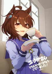 Rule 34 | 1girl, agnes tachyon (umamusume), ahoge, animal ears, artist name, blush, bow, bowtie, brown hair, couch, cup, earrings, emil1030 blue, hair between eyes, highres, holding, holding cup, holding saucer, horse ears, horse girl, horse tail, indoors, jacket, jewelry, long sleeves, looking at viewer, medium hair, open clothes, open jacket, open mouth, purple shirt, red eyes, sailor collar, saucer, school uniform, shirt, single earring, sitting, smile, solo, tail, teacup, tracen school uniform, translation request, twitter username, umamusume, upper body, window