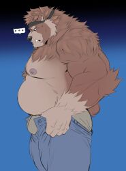 Rule 34 | ..., 1boy, absurdres, animal ears, ass, bara, bear boy, bear ears, bear tail, belly, brown fur, bulge, bulge lift, denim, dhanisani, dressing, fat, fat man, feet out of frame, from side, furry, furry male, green male underwear, highres, jeans, large pectorals, male focus, male underwear, mature male, meme, muscular, muscular male, never seen a guy recreate this (meme), nipples, open pants, original, pants, pants lift, pectorals, short hair, sideburns, solo, standing, stomach, sweatdrop, tail, thick thighs, thighs, topless male, tusks, undersized clothes, underwear
