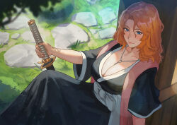 Rule 34 | 1girl, absurdres, between breasts, black kimono, bleach, blonde hair, blue eyes, breasts, cleavage, emknov, from above, hair between eyes, highres, holding, holding sword, holding weapon, japanese clothes, jewelry, kimono, knees up, large breasts, leaning on object, looking at viewer, matsumoto rangiku, mole, mole under mouth, necklace, outdoors, pink shawl, sash, shawl, sheath, sheathed, sitting, smile, sword, tree, weapon, white sash