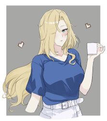 Rule 34 | 1girl, belt, blonde hair, blue eyes, blue shirt, breasts, coffee, coffee mug, collarbone, cropped torso, cup, heart, highres, hornet (kancolle), kantai collection, large breasts, long hair, looking at viewer, mug, odachu, official alternate costume, one eye closed, shirt, simple background, solo