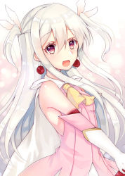 Rule 34 | 1girl, :d, bare shoulders, earrings, elbow gloves, fate/kaleid liner prisma illya, fate/stay night, fate (series), gloves, hair ornament, highres, illyasviel von einzbern, jewelry, long hair, looking at viewer, magical girl, nan (jyomyon), open mouth, red eyes, sleeveless, smile, solo, white gloves, white hair