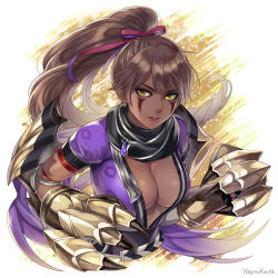 Rule 34 | 1girl, braid, breasts, brown eyes, brown hair, claw (weapon), cleavage, commission, cropped torso, dark-skinned female, dark skin, hagino kouta, hair ribbon, long hair, looking at viewer, medium breasts, original, parted lips, ponytail, red ribbon, ribbon, skeb commission, solo, twitter username, upper body, v-shaped eyebrows, very long hair, weapon