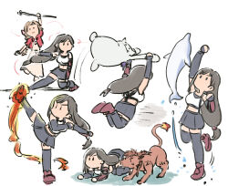 Rule 34 | 2boys, 2girls, aerith gainsborough, all fours, animal, bare shoulders, black gloves, black skirt, black thighhighs, boots, breasts, brown footwear, brown hair, chibi, clenched hands, creature, crop top, dolphin, dress, elbow gloves, fighting stance, final fantasy, final fantasy vii, final fantasy vii rebirth, final fantasy vii remake, flame-tipped tail, flaming leg, furrowed brow, gloves, hair ribbon, hair tubes, high kick, holding, holding staff, jacket, jumping, kicking, long dress, long hair, low-tied long hair, medium breasts, midriff, miniskirt, moogle, multiple boys, multiple girls, orange fur, parted bangs, pink dress, pink ribbon, red hair, red jacket, red xiii, ribbon, shirt, short sleeves, sketch, skirt, sleeveless, sleeveless shirt, staff, standing, standing on one leg, suspenders, thighhighs, tifa lockhart, tsubobot, uppercut, white background, white shirt