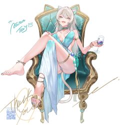 Rule 34 | 1girl, aarontsay, absurdres, animal ear fluff, animal ears, ass, breasts, cat girl, chair, crossed legs, cup, drinking glass, easy chair, enshou (namarien), gold footwear, high heels, highres, holding, holding cup, indie virtual youtuber, large breasts, looking at viewer, second-party source, shoes, single barefoot, single shoe, sitting, solo, virtual youtuber, white hair, wine glass