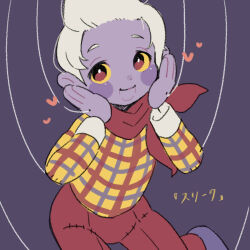 Rule 34 | 1boy, colored sclera, colored skin, handsome tom, heart, long sleeves, male focus, mother (game), mother 2, neckerchief, nintendo, pants, plaid, plaid shirt, puppet, purple footwear, purple skin, red eyes, red neckerchief, red pants, shifumame, shirt, short hair, string, translation request, white hair, yellow sclera