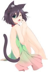 Rule 34 | 1girl, animal ear fluff, animal ears, barefoot, blush, brown hair, cat ears, cat girl, cat tail, collar, commentary request, fang, full body, green eyes, hair between eyes, hair tie, hand to own mouth, hands up, highres, nude, one eye closed, open mouth, original, red collar, shirasu youichi, simple background, sitting, solo, tail, tail raised, tears, two side up, white background, yawning