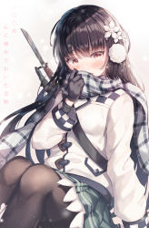 Rule 34 | 1girl, arm at side, black hair, blush, brown pantyhose, coat, commentary request, covering own mouth, crying, crying with eyes open, earmuffs, flower, girls&#039; frontline, green skirt, grey background, grey scarf, gun, hair flower, hair ornament, haneiro, highres, jewelry, knees up, long hair, long sleeves, looking at viewer, miniskirt, official alternate costume, open mouth, pantyhose, plaid, plaid scarf, pleated skirt, ring, scarf, skirt, solo, submachine gun, tears, translation request, type 100, type 100 (girls&#039; frontline), type 100 (treasure buried deep within) (girls&#039; frontline), very long hair, weapon, weapon on back, white coat, white flower, yellow eyes