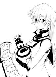 Rule 34 | 1girl, blush, breasts, closed mouth, commentary request, duel academy uniform (yu-gi-oh! gx), duel disk, fingerless gloves, gloves, greyscale, long hair, looking at viewer, monochrome, rourou ill, simple background, smile, solo, tenjouin asuka, white background, yu-gi-oh!, yu-gi-oh! gx