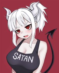 Rule 34 | 1girl, apron, breasts, cleavage, clothes writing, collarbone, demon girl, demon tail, fangs, helltaker, horns, large breasts, lucifer (helltaker), mole, mole under eye, naked apron, ompf, open mouth, ponytail, red background, red eyes, short hair, sidelocks, simple background, solo, tail, upper body, white hair, white horns