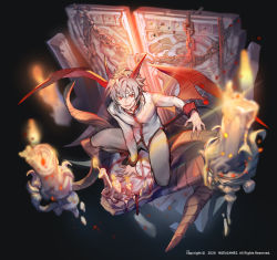 Rule 34 | 1boy, 666:satan, candle, candlestand, english text, grey hair, hair between eyes, hero cantare, horns, long sleeves, looking at viewer, official art, open mouth, red eyes, red horns, red wings, smile, teeth, the god of high school, wings, yagaaaa