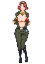 Rule 34 | 10s, 1girl, azumi (girls und panzer), baron (nsbaron), belt, bikini, bikini top only, black belt, black footwear, blue eyes, boots, breasts, brown pants, brown shirt, cleavage, closed mouth, commentary request, cross-laced footwear, dress shirt, emblem, eyewear on head, full body, girls und panzer, lace-up boots, large breasts, light smile, looking at viewer, military, military uniform, navel, open clothes, open shirt, pants, red bikini, red hair, selection university (emblem), shirt, short hair, simple background, solo, standing, standing on one leg, sunglasses, swimsuit, undressing, uniform, white background