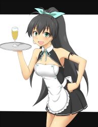 Rule 34 | 1girl, alcohol, bare shoulders, bent over, black hair, breasts, ca-nal, champagne, cleavage, cosplay, dream c club, dream c club (series), earrings, fang, ganaha hibiki, glass, green eyes, hair ribbon, hand on own hip, highres, hip focus, idolmaster, idolmaster (classic), jewelry, letterboxed, long hair, open mouth, ponytail, ribbon, small breasts, smile, solo, tray, waitress