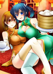 Rule 34 | 10s, 2girls, ass, bamboo steamer, bamboo steamers, baozi, blue eyes, blue hair, blush, breasts, brown eyes, brown hair, china dress, chinese clothes, cleavage, cleavage cutout, clothing cutout, dress, dumping, elbow gloves, food, gloves, green dress, hiryuu (kancolle), huge breasts, kantai collection, large breasts, multiple girls, open mouth, orange dress, panties, ribbon, rui shi (rayze ray), short hair, side-tie panties, side ponytail, smile, souryuu (kancolle), teapot, thighhighs, tray, twintails, underwear