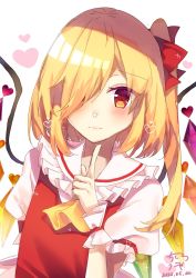 Rule 34 | 1girl, alternate hairstyle, ascot, chisiro unya (unya draw), closed mouth, crystal, dated, flandre scarlet, hair over one eye, hair ribbon, heart, highres, index finger raised, long hair, looking at viewer, no headwear, one side up, puffy short sleeves, puffy sleeves, red eyes, red ribbon, ribbon, short sleeves, signature, simple background, solo, touhou, upper body, white background, wings, yellow ascot