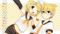 Rule 34 | 1boy, 1girl, blonde hair, blue eyes, brother and sister, hair ornament, hair ribbon, hairclip, heart, highres, kagamine len, kagamine rin, looking at viewer, musical note, navel, one eye closed, open mouth, ribbon, short hair, siblings, smile, tamiko., twins, vocaloid, wallpaper, wink