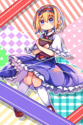 Rule 34 | 1girl, absurdres, alice margatroid, blonde hair, blue dress, blue eyes, book, capelet, closed mouth, dress, frilled dress, frills, full body, hairband, highres, lolita hairband, multicolored background, omochinegi, pixel art, red footwear, red hairband, short hair, socks, solo, touhou, white capelet, white socks