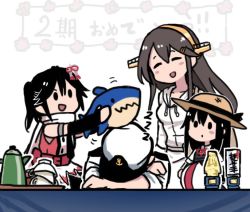 Rule 34 | 1boy, 3girls, :d, admiral (kancolle), anchor symbol, asashio (kancolle), black hair, blush, brown hair, commentary request, cup, hair ornament, hairclip, haruna (kancolle), hat, headgear, kantai collection, multiple girls, open mouth, peaked cap, sendai (kancolle), sleeping, smile, solid oval eyes, straw hat, stuffed animal, stuffed shark, stuffed toy, teacup, teapot, terrajin, zzz