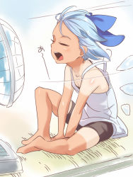 Rule 34 | 1girl, alternate costume, asutora, bare shoulders, between legs, bike shorts, blue bow, blue eyes, bow, casual, cirno, closed eyes, electric fan, fan speaking, forehead, full body, hair bow, hand between legs, hidden star in four seasons, highres, on floor, open mouth, shirt tan, short hair, shorts tan, sitting, solo, tan, tank top, tanline, tanned cirno, tatami, touhou