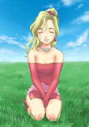 Rule 34 | 1girl, bare shoulders, blush, breasts, cloud, dress, earrings, closed eyes, final fantasy, final fantasy vi, grass, green hair, jewelry, long hair, necklace, ponytail, skirt, smile, solo, tina branford, yuccoshi