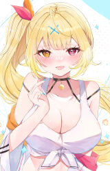 Rule 34 | 1girl, absurdres, bare shoulders, blonde hair, blue nails, blush, breasts, cleavage, collarbone, commentary, double-parted bangs, fang, finger heart, fingernails, hair between eyes, heterochromia, highres, hoshikawa sara, hoshikawa sara (1st costume), jacket, large breasts, looking at viewer, midriff, nail polish, nijisanji, off shoulder, open mouth, pink eyes, shirt, side ponytail, skin fang, smile, solo, symbol-only commentary, tank top, tied shirt, tsuyuri eri, upper body, virtual youtuber, white jacket, white tank top, yellow eyes