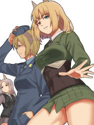 Rule 34 | 10s, 3girls, animal ears, bad id, bad pixiv id, blonde hair, blue eyes, brave witches, brown eyes, crotch seam, dog ears, edytha rossmann, goji (five clock), gundula rall, hand in pocket, hat, looking at viewer, military, military uniform, multiple girls, pantyhose, short hair, silver hair, strike witches, uniform, waltrud krupinski, world witches series, yellow eyes