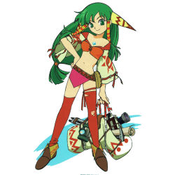 Rule 34 | 1990s (style), 1girl, artist request, bag, book, brown footwear, closed mouth, cuts, feena (grandia), full body, grandia, grandia i, green eyes, green hair, hair ornament, hair tubes, hand on own hip, highres, holding, holding bag, injury, jewelry, long hair, looking at viewer, low-tied long hair, midriff, miniskirt, navel, official art, pendant, pink skirt, red thighhighs, retro artstyle, ribbon-trimmed sleeves, ribbon trim, scan, scroll, shoes, simple background, skirt, smile, solo, standing, thighhighs, torn clothes, torn thighhighs, white background, wide sleeves