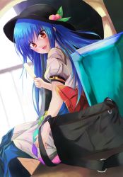 Rule 34 | 1girl, :d, bag, black hat, blue hair, blue skirt, blush, food, from side, fruit, fuussu (21-kazin), hat, hinanawi tenshi, leaf, long hair, looking at viewer, looking to the side, open mouth, peach, popsicle, puffy short sleeves, puffy sleeves, rainbow order, red eyes, school bag, shirt, short sleeves, sidelocks, sitting, skirt, smile, solo, touhou, white shirt