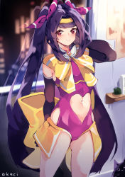 Rule 34 | 1girl, absurdres, arm behind head, artist name, blurry, blush, cat, city lights, cityscape, closed mouth, clothing cutout, commentary, cowboy shot, depth of field, english commentary, girls&#039; frontline, hair ribbon, headband, heart cutout, highres, jill stingray, kani fish, long hair, looking at another, looking at viewer, magical girl, model warrior julianne, navel, night, night sky, pink ribbon, purple hair, red eyes, reflection, ribbon, sky, smile, solo, standing, twintails, va-11 hall-a, very long hair