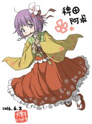 Rule 34 | 10s, 1girl, 2016, bow, calligraphy brush, dated, floral print, flower, full body, hair bow, hair flower, hair ornament, hair ribbon, hieda no akyuu, inuno rakugaki, japanese clothes, kimono, layered clothes, layered kimono, looking at viewer, obi, paintbrush, purple eyes, purple hair, red bow, ribbon, sandals, sash, scroll, short hair, simple background, smile, socks, solo, touhou, white background, wide sleeves