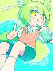 Rule 34 | 1girl, :3, :q, alternate costume, aqua background, black shorts, blush stickers, closed mouth, collared shirt, commentary request, cup, dress shirt, drinking straw, feet out of frame, green background, green hair, hands up, holding, holding cup, leg warmers, licking lips, long hair, looking at viewer, low ponytail, melon soda, pink sweater vest, shirt, short sleeves, shorts, solo, song name, sweater vest, tongue, tongue out, two-tone background, v, voicevox, white leg warmers, white shirt, yasai (saisaiya), yellow eyes, zundamon