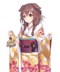 Rule 34 | 1girl, :3, absurdres, animal ears, blush, bone hair ornament, braid, brown eyes, brown hair, closed mouth, cowboy shot, dated, dog ears, dog girl, extra ears, fur scarf, furisode, hair between eyes, hair ornament, hairclip, highres, hololive, inugami korone, japanese clothes, kimono, long hair, looking at viewer, low twin braids, new year, obi, obiage, obijime, pinching sleeves, sash, simple background, smile, solo, traveler (artbbt), twin braids, twintails, virtual youtuber, wide sleeves