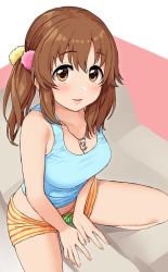 Rule 34 | 1girl, bad id, bad twitter id, bare arms, bare shoulders, blue shirt, breasts, brown eyes, brown hair, cleavage, heart, heart necklace, idolmaster, idolmaster cinderella girls, jewelry, lips, looking at viewer, looking up, low twintails, medium breasts, medium hair, midriff, necklace, omaru gyuunyuu, parted lips, pendant, shirt, short shorts, shorts, sitting, smile, solo, straddling, tank top, totoki airi, twintails