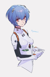 Rule 34 | 1girl, ayanami rei, blue hair, bodysuit, breasts, character name, commentary request, covered collarbone, from side, gloves, hair between eyes, hair ornament, highres, interface headset, itou (very ito), looking at viewer, neon genesis evangelion, own hands together, parted lips, plugsuit, red eyes, short hair, simple background, small breasts, solo, turtleneck, upper body, white background, white bodysuit, white gloves