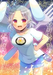 Rule 34 | 1girl, :d, animal ears, blue shorts, breasts, collarbone, commentary request, commission, fork, grey hair, hand on own hip, kou hiyoyo, leaning forward, long hair, looking at viewer, medium breasts, open mouth, original, oversized object, parted bangs, rabbit ears, rabbit girl, rabbit tail, red eyes, shirt, short shorts, short sleeves, shorts, skeb commission, smile, solo, spoon, tail, v-shaped eyebrows, white shirt