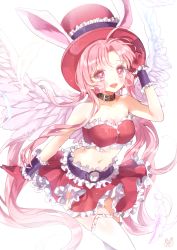 Rule 34 | 1girl, :d, angel wings, animal ears, bad id, bad pixiv id, bare shoulders, blush, choker, feathered wings, feathers, frilled skirt, frills, full moon wo sagashite, gloves, hat, highres, long hair, meroko yui, midriff, mp (h mirus), navel, open mouth, parted bangs, pink eyes, pink hair, rabbit ears, red gloves, red skirt, skirt, skirt set, smile, solo, thighhighs, top hat, very long hair, white background, white feathers, white thighhighs, wings, wrist cuffs, zettai ryouiki