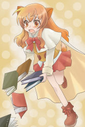 Rule 34 | 1girl, animal ears, artist request, blush, book, boots, bow, cape, dated, dog days, dog ears, dog tail, falling, highres, long hair, long sleeves, open mouth, orange eyes, orange hair, pleated skirt, red bow, red skirt, ricotta elmar, skirt, sweater vest, tail, tripping