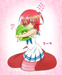Rule 34 | 1girl, aged down, blush, bug, child, crab, dress, embarrassed, hair ornament, lamia, miia (monster musume), monster girl, monster musume no iru nichijou, pointy ears, red hair, scales, scared, short hair, snake tail, tail, third-party source, white dress, yellow eyes