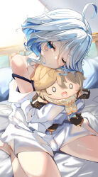 Rule 34 | 1girl, absurdres, aether (genshin impact), bare shoulders, bimmy, black camisole, blue eyes, blue hair, camisole, character doll, closed mouth, colored inner hair, commentary, cowlick, drop-shaped pupils, furina (genshin impact), genshin impact, head rest, highres, hugging doll, hugging object, light blue hair, looking at viewer, multicolored hair, one eye closed, seiza, shirt, short hair, sitting, solo, stuffed toy, symbol-shaped pupils, wavy hair, white shirt