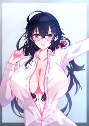 Rule 34 | 1girl, absurdres, azur lane, bespectacled, black bra, black hair, bra, bra visible through clothes, breasts, center opening, cleavage, collared shirt, glasses, highres, huge breasts, long hair, long sleeves, looking at viewer, open bra, partially unbuttoned, red eyes, renfura, round eyewear, shirt, simple background, solo, taihou (azur lane), underwear, upper body, white shirt