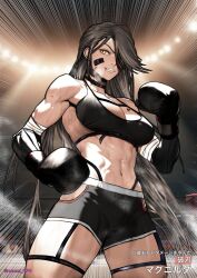 Rule 34 | 1girl, absurdres, bandaged arm, bandages, bandaid, bandaid on face, boxing gloves, boxing shorts, breasts, brown hair, cowboy shot, dark-skinned female, dark skin, girls&#039; frontline, girls&#039; frontline neural cloud, hair over eyes, highres, long hair, magnhilda (neural cloud), mechanical arms, meimushi, muscular, muscular female, navel, one eye covered, parted lips, shorts, solo, speed lines, twitter username, yellow eyes