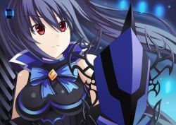 Rule 34 | 10s, 1girl, bad id, bad pixiv id, bare shoulders, black hair, breasts, frown, hair ornament, long hair, looking at viewer, neptune (series), noire (neptunia), red eyes, sd (sdgu), shield, solo, twintails, very long hair