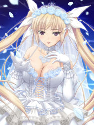 Rule 34 | 10s, 1girl, bare shoulders, blonde hair, breasts, bridal veil, bride, choker, cleavage, dress, earrings, elbow gloves, flower, gloves, hair ribbon, highres, jewelry, large breasts, long hair, mistral nereis, necklace, open mouth, petals, pointy ears, purple eyes, ribbon, sega, shining (series), shining hearts, solo, tiara, twintails, veil, very long hair, wedding dress, yoshimura kentaro