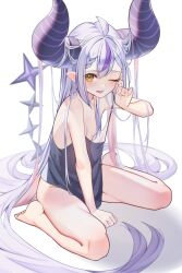 Rule 34 | 1girl, absurdly long hair, absurdres, bare legs, bare shoulders, barefoot, blue shirt, blush, braid, breasts, convenient censoring, feet, grey hair, highres, hololive, horns, huge horns, la+ darknesss, long hair, looking at viewer, multicolored hair, naked shirt, open mouth, pero (peroneko0510), pointy ears, purple hair, rubbing eyes, shirt, sitting, small breasts, solo, streaked hair, tank top, thighs, toes, very long hair, virtual youtuber, waking up, wariza, yellow eyes