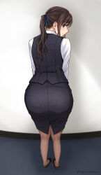 Rule 34 | 1girl, ass, collared shirt, commission, earrings, from behind, hair ribbon, highres, jewelry, office lady, original, pantyhose, pencil skirt, pixiv commission, ponytail, ribbon, setu kurokawa, shirt, skirt, solo, vest, white shirt