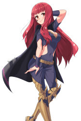 Rule 34 | 1girl, black cape, bodysuit, breasts, cape, cleavage, clothing cutout, facial mark, fire emblem, fire emblem engage, hair ornament, highres, large breasts, long hair, looking at viewer, medium breasts, nintendo, red eyes, red hair, revvie, side cutout, simple background, smile, solo, star (symbol), star facial mark, star hair ornament, yunaka (fire emblem)
