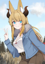 Rule 34 | 1girl, absurdres, animal ear fluff, animal ears, belt, blonde hair, blue eyes, blue jacket, blurry, blurry background, bow, breasts, bright pupils, brown belt, brown horns, brown shorts, camisole, character request, cleavage, cloud, commentary, commission, copyright request, fur-trimmed jacket, fur trim, highres, horns, jacket, long hair, medium breasts, outdoors, red bow, shorts, sky, smile, solo, symbol-only commentary, tail, tree, v, valefal coneri, vgen commission, white camisole, white pupils